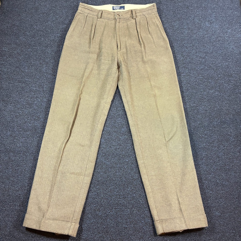 Vintage Polo Ralph Lauren Herringbone Pleated Trousers Mens 30 Preppy Cuffed